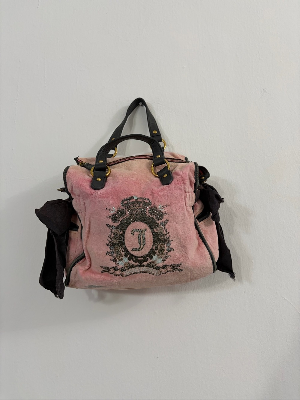 Vintage Y2K Juicy Couture Pink Velour Satchel Bag Embroidered Crown Crest Bows